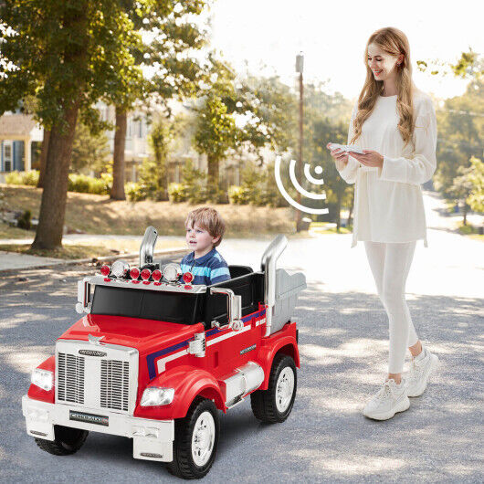 Licensed 12V Freightliner Kids Ride On Truck with Dump Box and Lights - Red