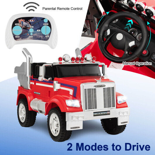 Licensed 12V Freightliner Kids Ride On Truck with Dump Box and Lights - Red