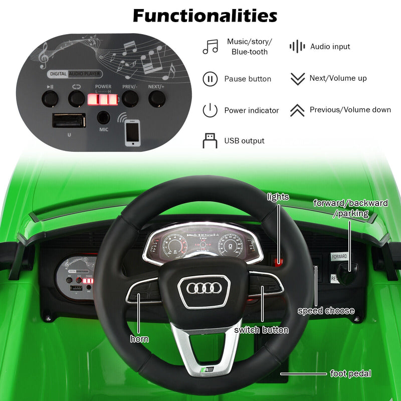 Licensed Audi RS Q8 12V Ride-On Car for Kids with Lights, Music, and Remote Control in Green