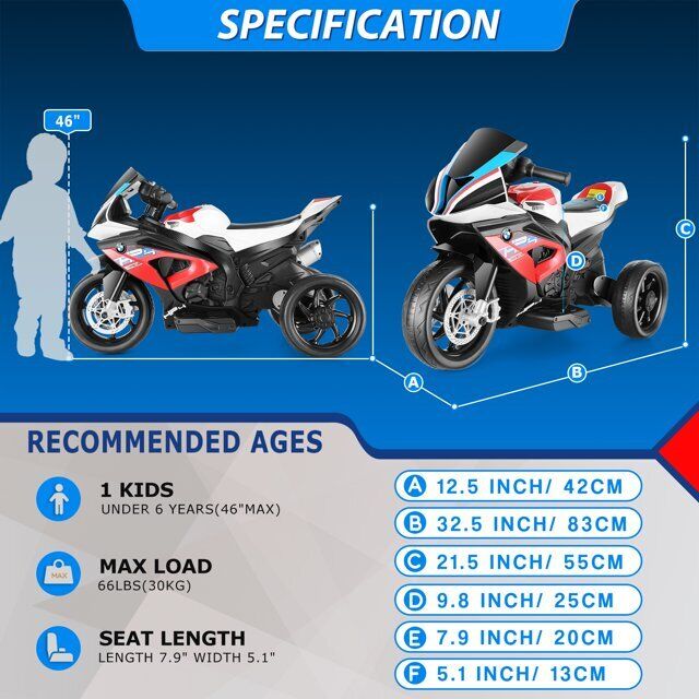 Licensed BMW 12V Battery Powered Electric Ride-On Motorcycle for Kids