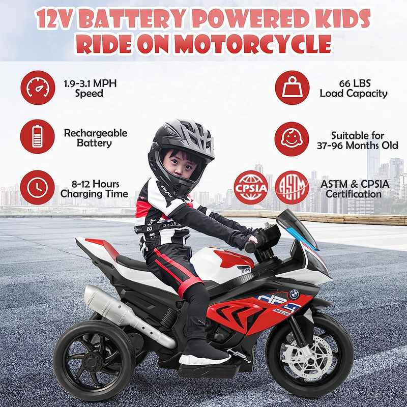 Licensed BMW 12V Battery Powered Ride-On Motorcycle for Kids with Headlights