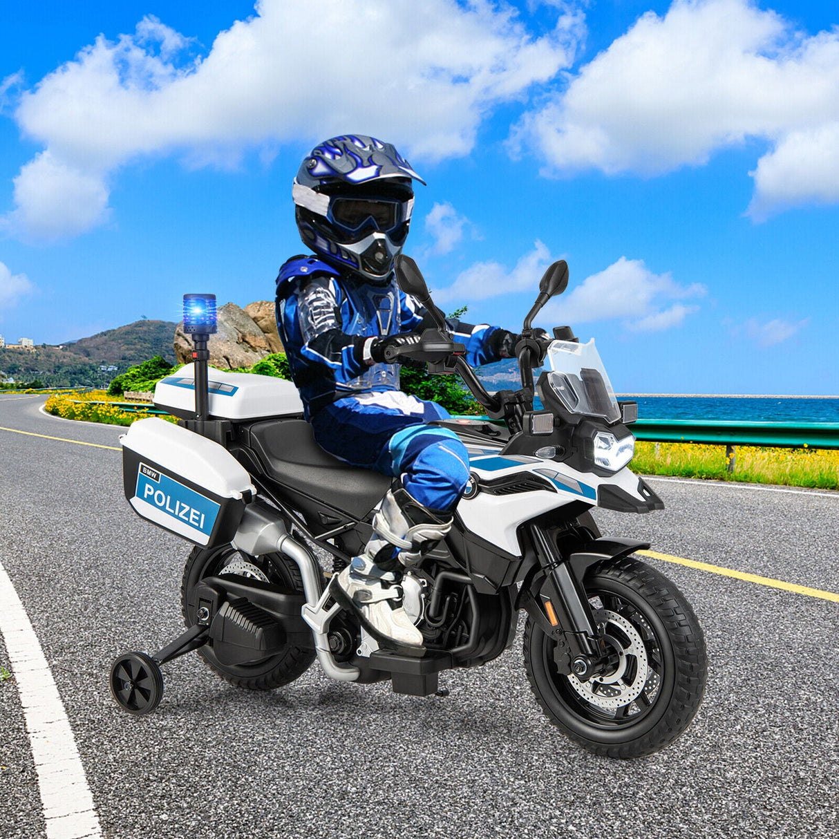 Licensed BMW Dirt Bike Police Motorcycle for Kids - 12V, White with Light & Music