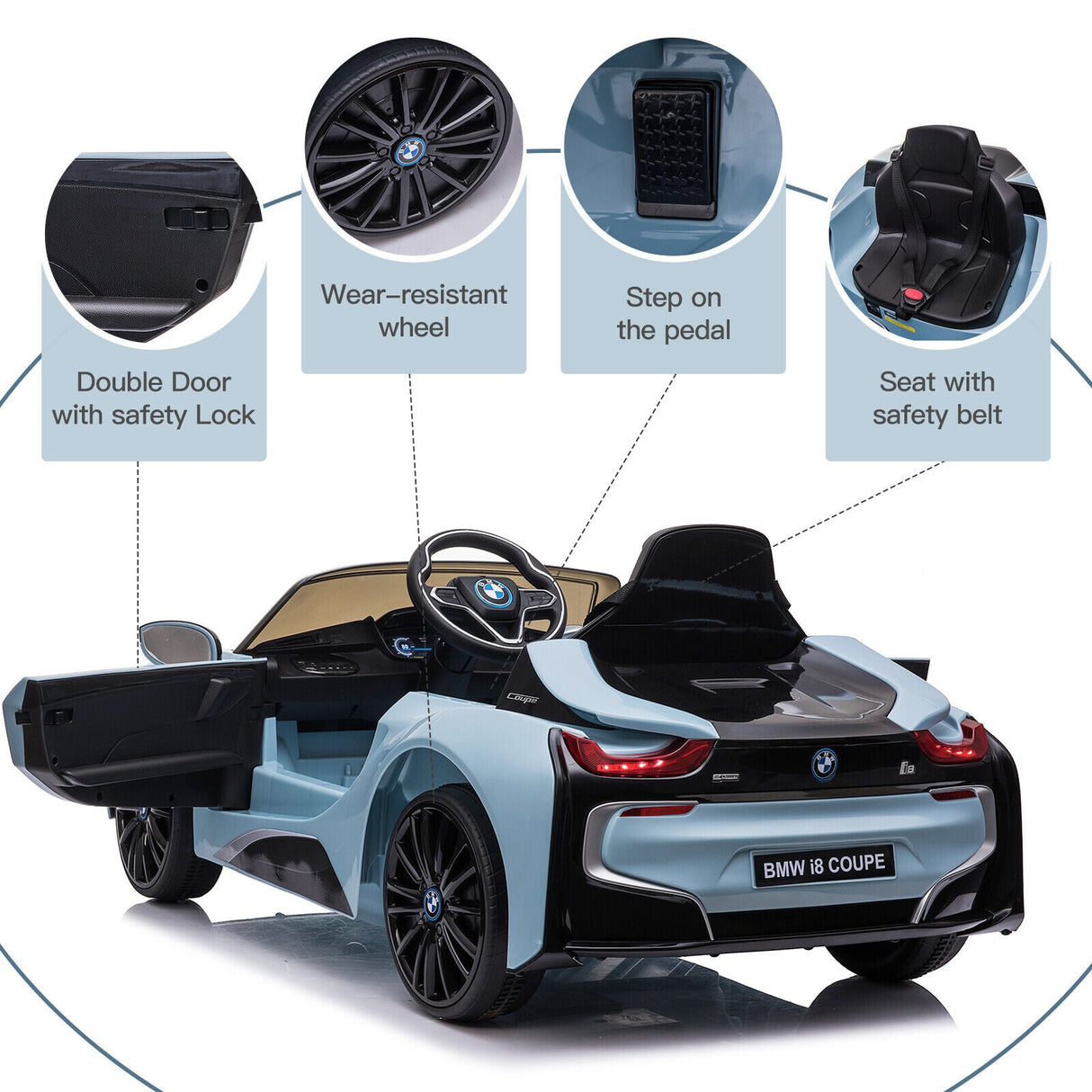 BMW i8 Kids Ride On Car with Remote Control, MP3 Player, and LED Lights - 12V Battery Powered