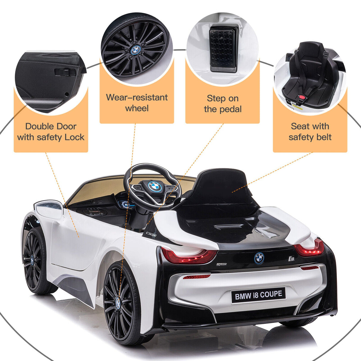 Licensed BMW i8 Style Electric Ride-On Car for Kids with Remote Control and LED MP3 Player