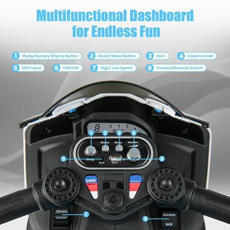 Licensed BMW 3-Wheel Ride-On Motorcycle for Kids with Music - 12V Battery Powered