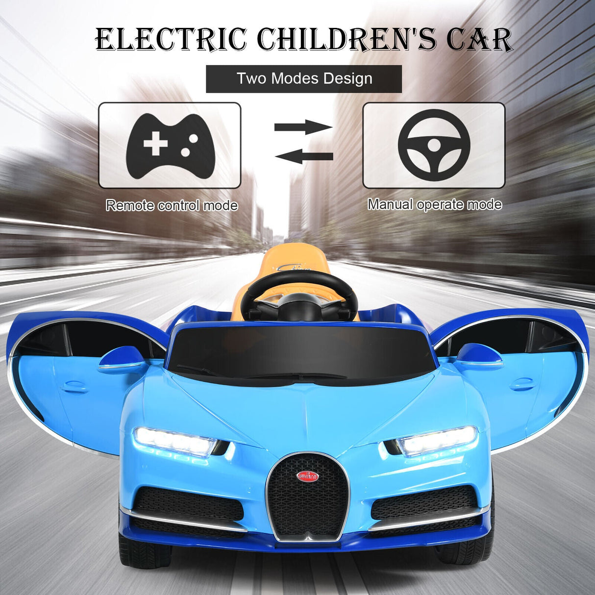 Licensed Bugatti Chiron Kids Ride On Car with RC, Music & USB - 12V Blue