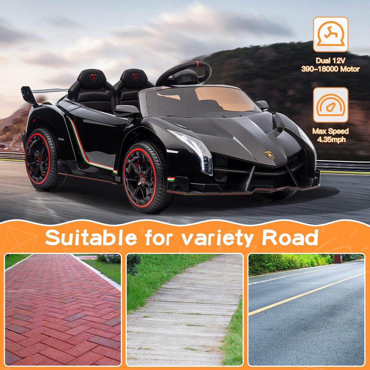 Licensed Lamborghini 2-Seater Electric Ride On Car for Kids with Remote Control - 12V US Version