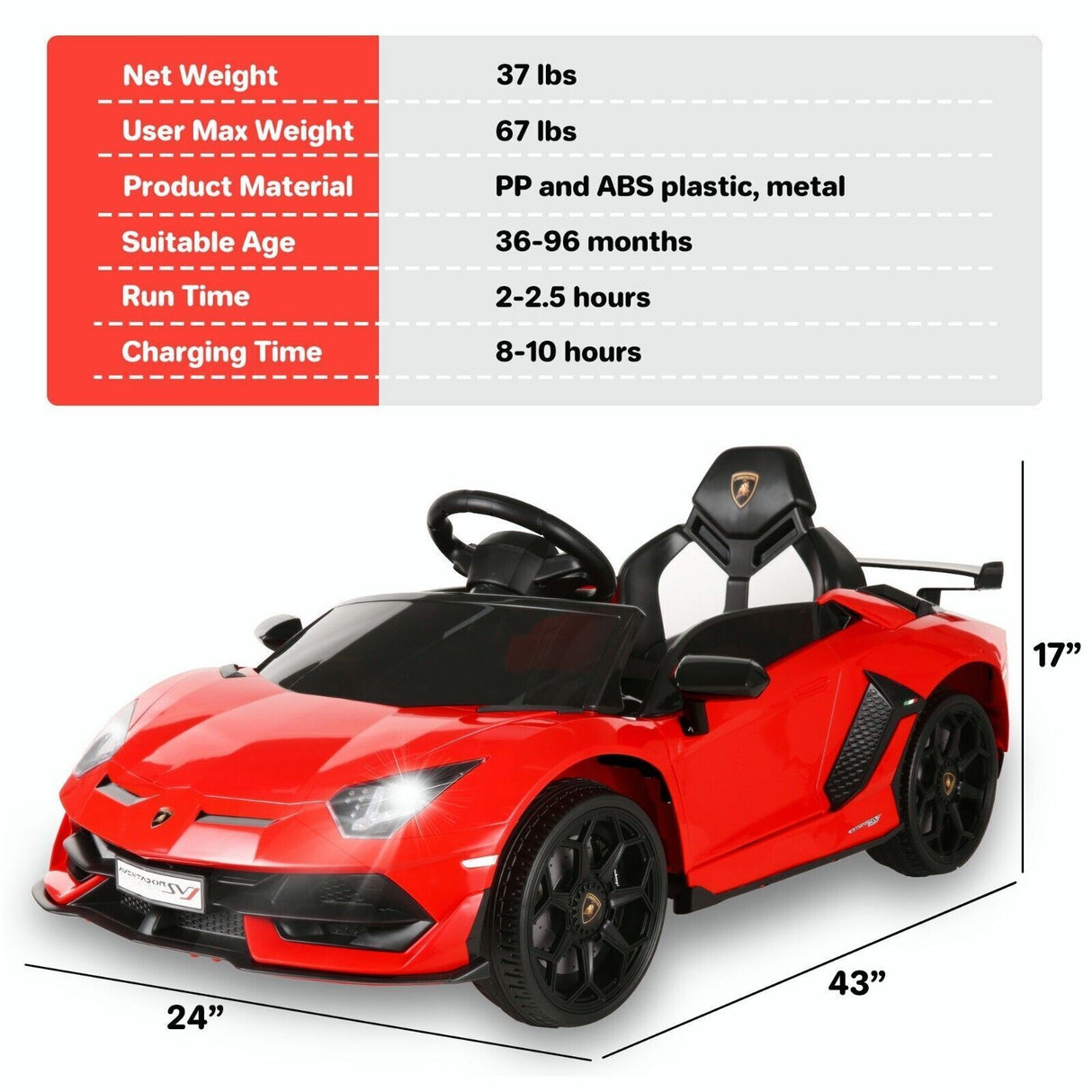 Licensed Lamborghini Aventador 12V Battery Powered Ride-On Car for Kids - Perfect Gift!