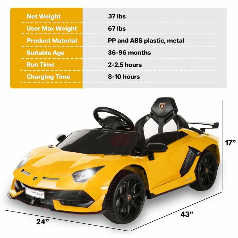 Licensed Lamborghini Aventador 12V Battery Powered Ride-On Car for Kids - The Perfect Toy Gift!