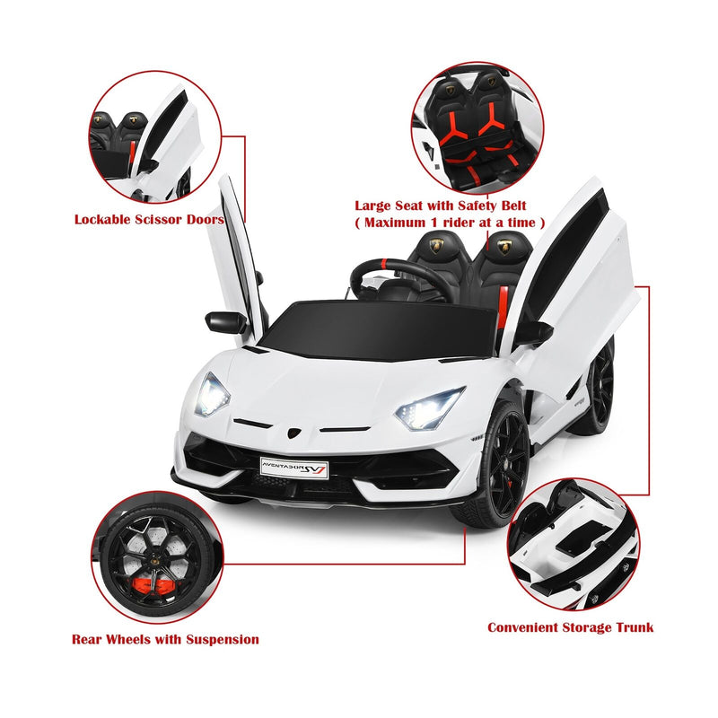 Licensed Lamborghini SVJ RC Ride-On Car for Kids with Trunk & Music - 12V White