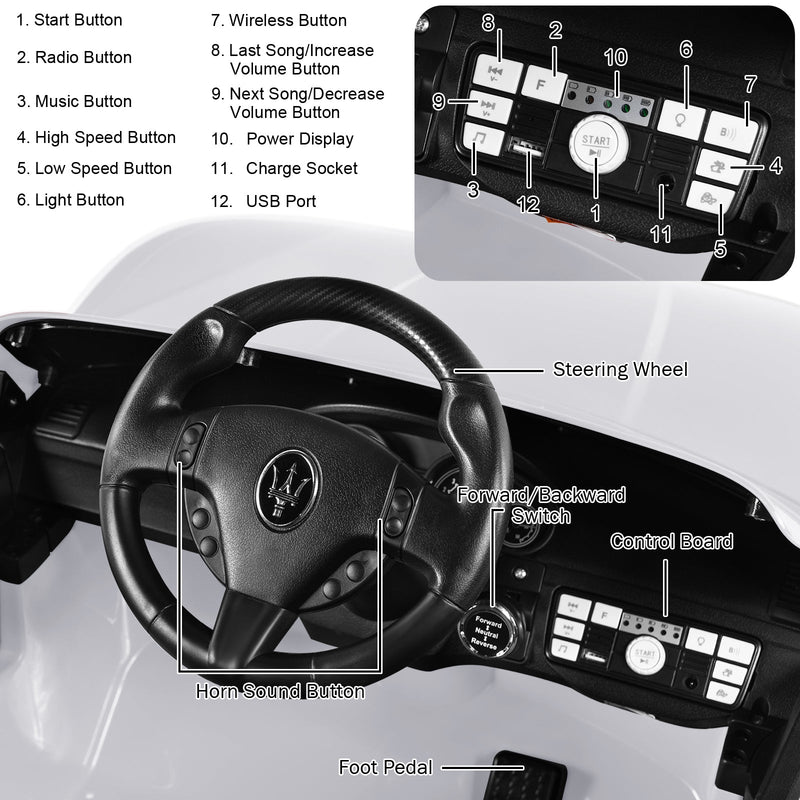 Licensed Maserati GranCabrio 12V Ride On Car with Remote Control and Music for Kids