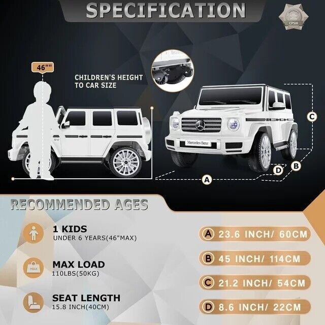 Licensed Mercedes-Benz G500 4WD Kids Ride-On Car with Remote Control and Music - 12V