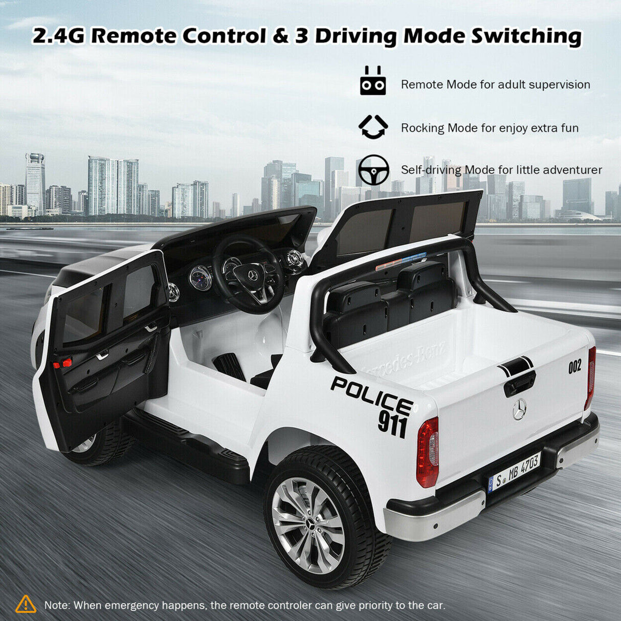 Licensed Mercedes Benz X Class 2-Seater Kids Ride On Police Car with Trunk - 12V RC Toy