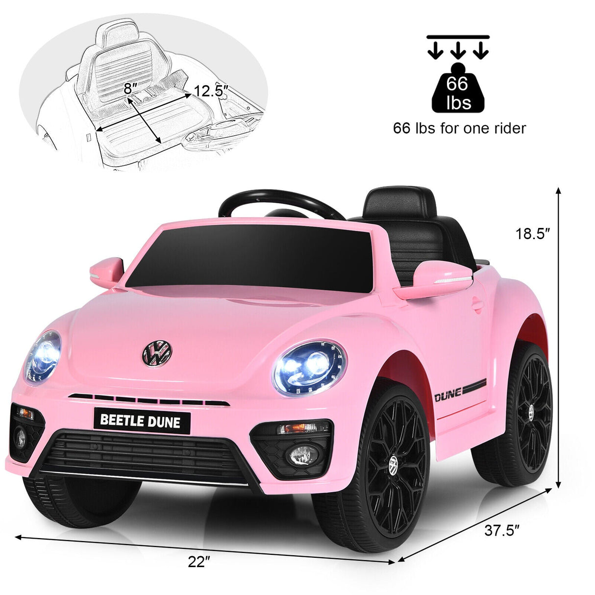 Licensed Pink Volkswagen Beetle Ride-On Car for Kids with Remote Control and Music - 12V