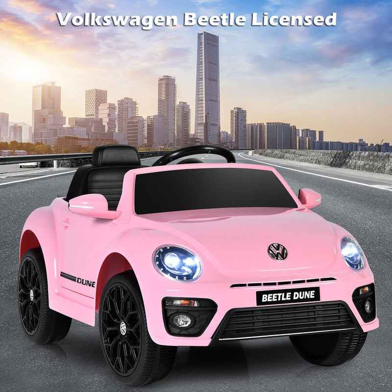Licensed Pink Volkswagen Beetle Ride-On Car for Kids with Remote Control and Music - 12V