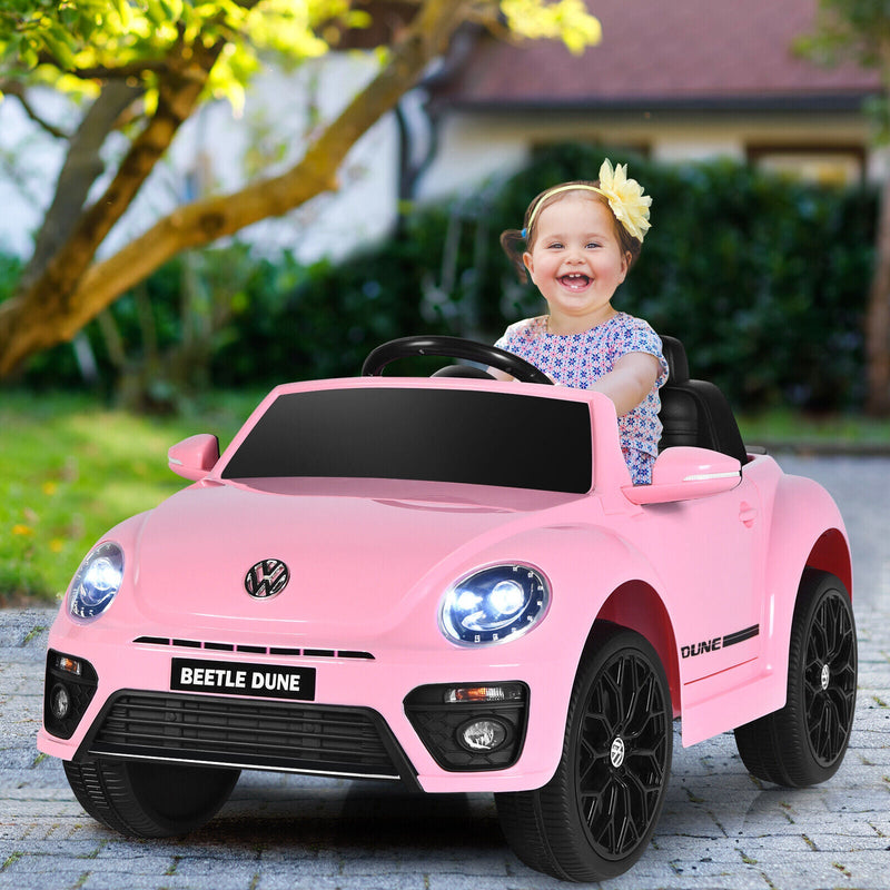 Licensed Pink Volkswagen Beetle Ride-On Car for Kids with Remote Control and Music - 12V