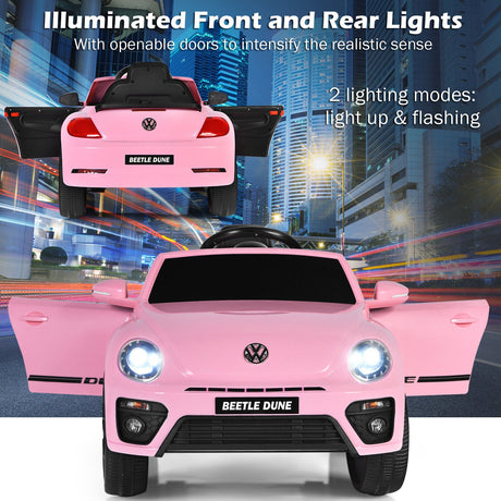 Licensed Pink Volkswagen Beetle Ride-On Car for Kids with Remote Control and Music - 12V