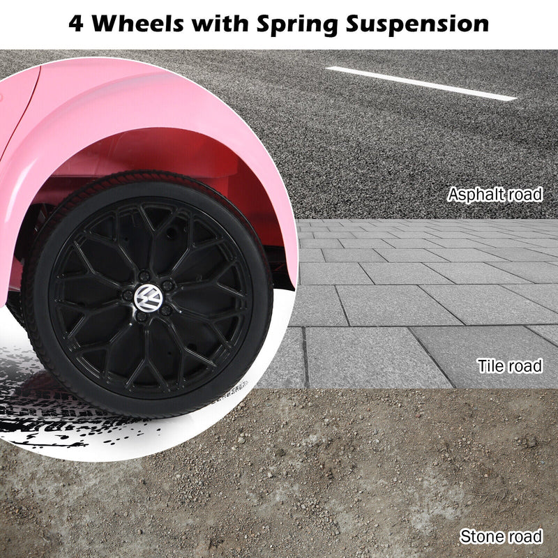 Licensed Pink Volkswagen Beetle Ride-On Car for Kids with Remote Control and Music - 12V