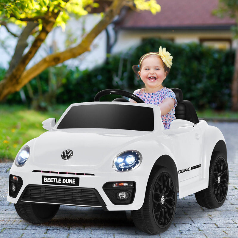 Licensed Volkswagen Beetle 12V Ride On Car for Kids with Remote Control and Music - White