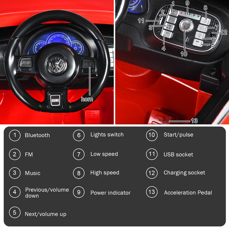 Licensed Volkswagen Beetle 12V Ride-On Car with Music & Remote Control - Red