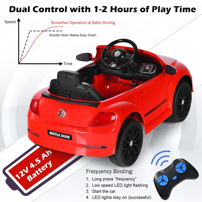 Licensed Volkswagen Beetle 12V Ride-On Car with Remote Control and Music - Red