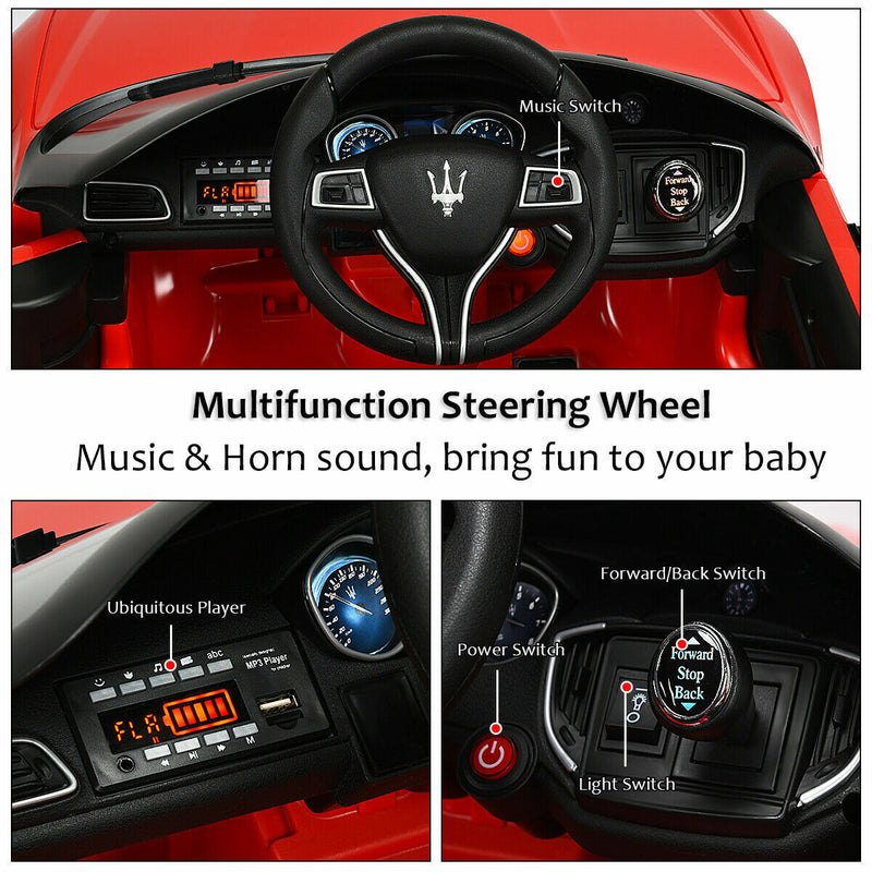 Maserati Licensed Kids Ride-On Car with RC Remote Control, LED Lights, and MP3 Player - Red