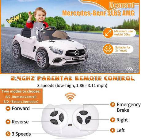 Licensed Mercedes Benz SL65 AMG Electric Ride-On Car for Kids with Remote Control and LED Lights - 12V
