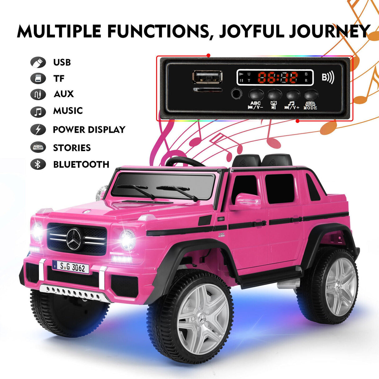 Mercedes-Benz G Wagon 12V Electric Kids Pink Ride On Car with LED Lights, Music, and Remote Control - Pink