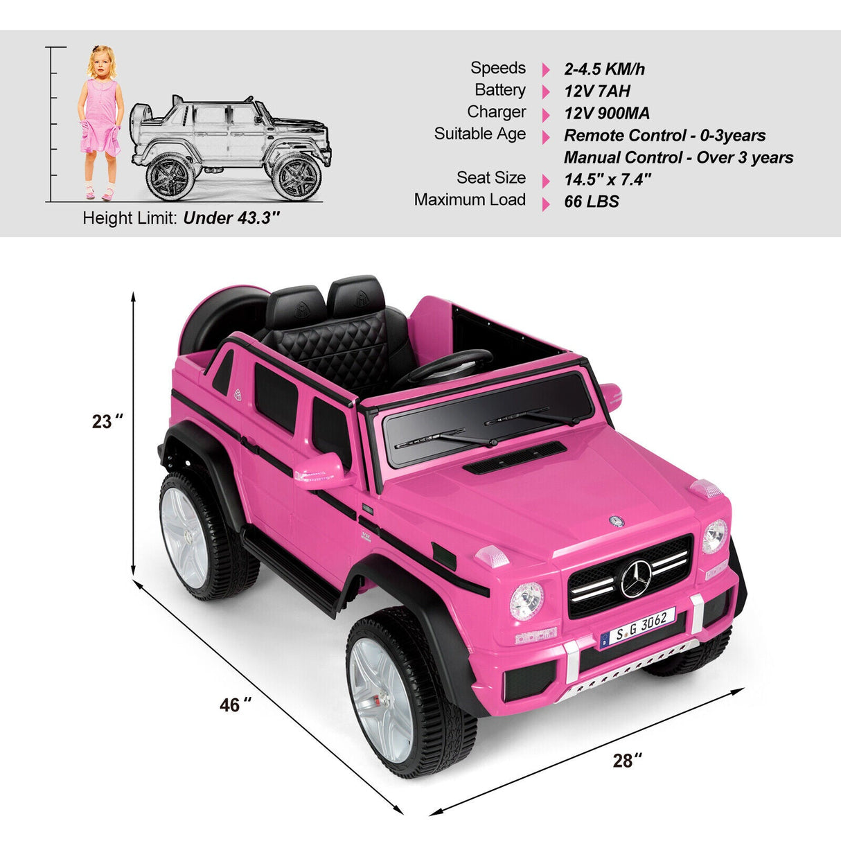 Mercedes-Benz G Wagon 12V Electric Kids Pink Ride On Car with LED Lights, Music, and Remote Control - Pink