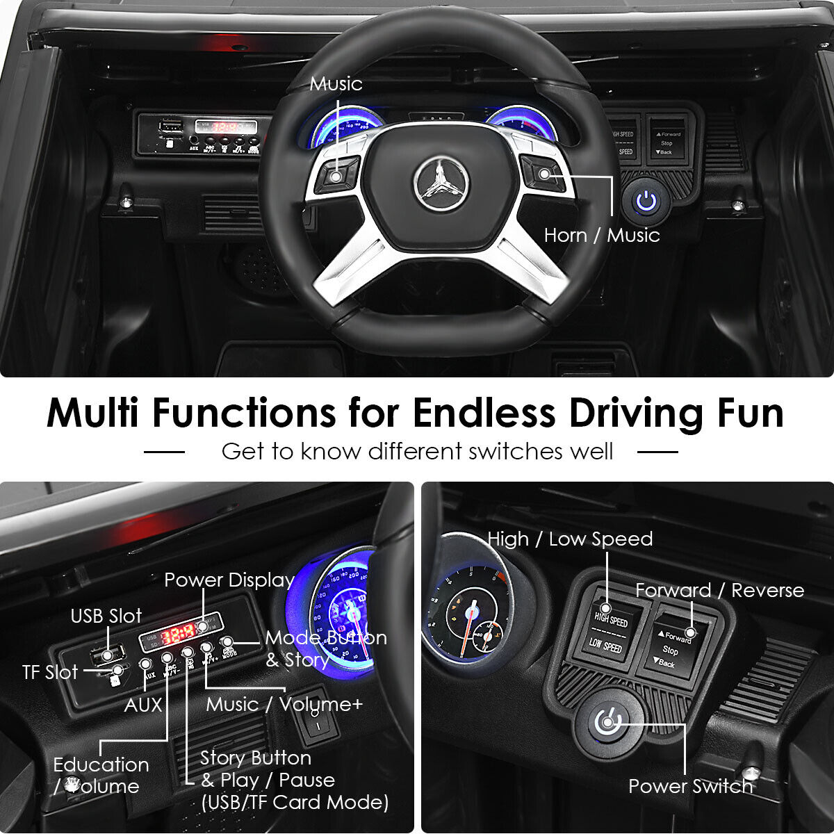 Mercedes-Benz Licensed 12V Kids Ride On Car with RC Control and Trunk in Black
