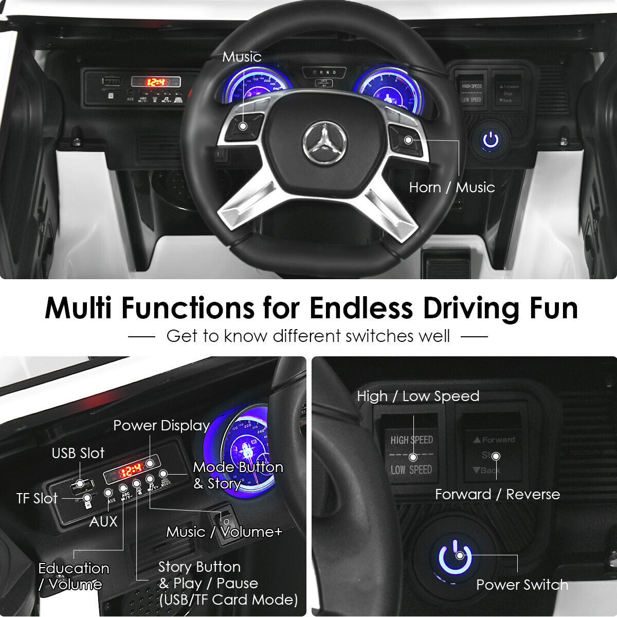 Mercedes-Benz Licensed 12V Kids Ride On Car with RC Control and Trunk in White