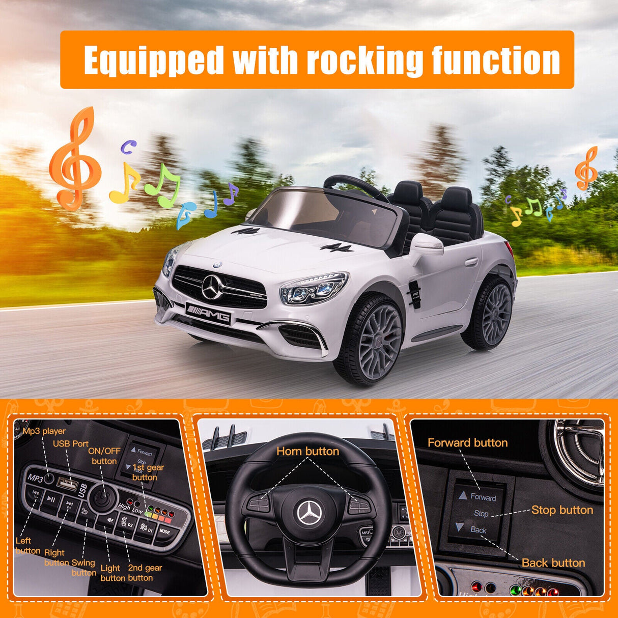 Mercedes Benz SL65 12V Kids Electric Ride-On Car - White with Remote Control and Mp3 Player