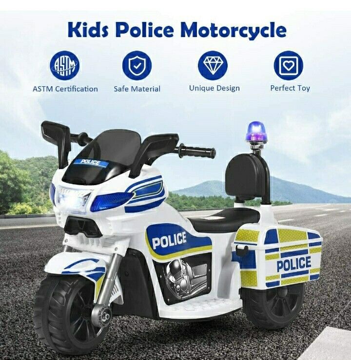 Motocicleta Eléctrica de 3 Ruedas para Niños y Niñas con Diseño de Policía para Montar en Bicicleta