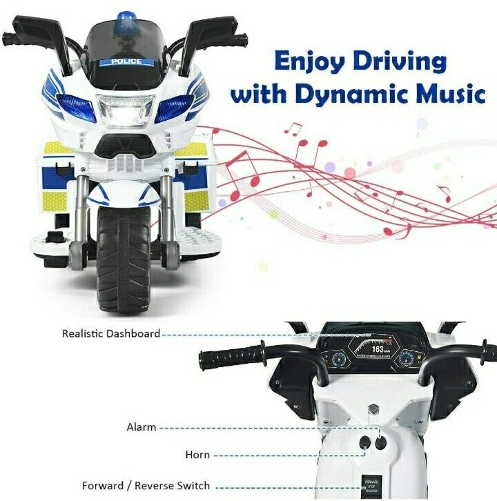 Motocicleta Eléctrica de 3 Ruedas para Niños y Niñas con Diseño de Policía para Montar en Bicicleta