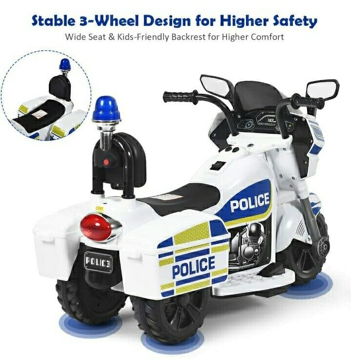 Motocicleta Eléctrica de 3 Ruedas para Niños y Niñas con Diseño de Policía para Montar en Bicicleta