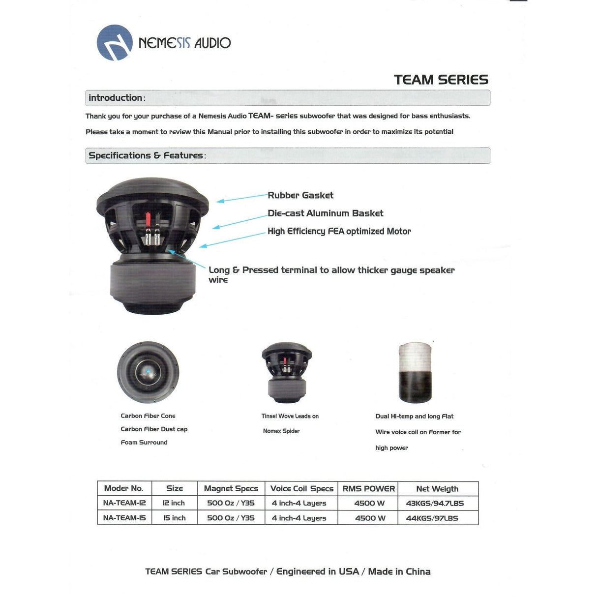 Nemesis Audio NA-TEAM-15 15" 4500W RMS Subwoofer DVC Nemesis Audio