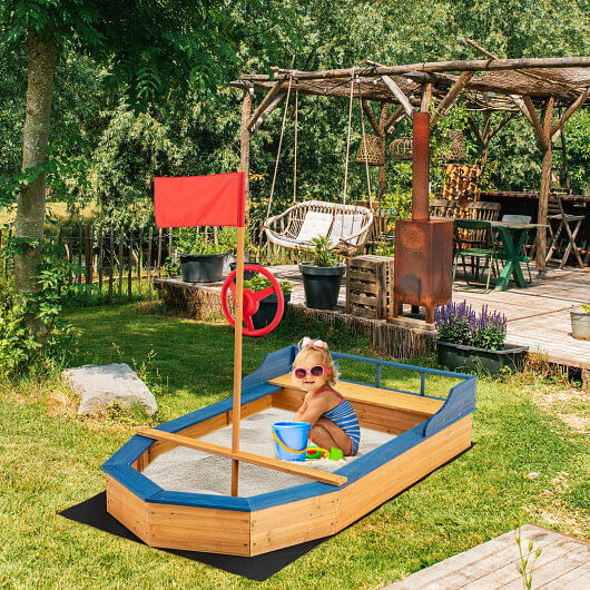 Natural Pirate Boat Sandbox for Kids with Flag and Rudder