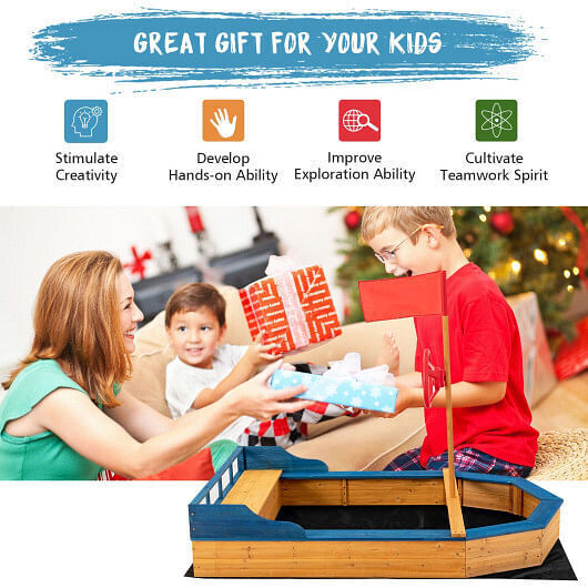 Natural Pirate Boat Sandbox for Kids with Flag and Rudder