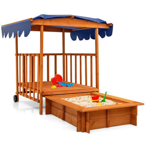 Natural Wooden Retractable Sandbox for Kids with Cover and Wheels