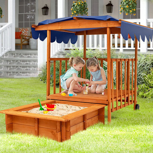 Natural Wooden Retractable Sandbox for Kids with Cover and Wheels