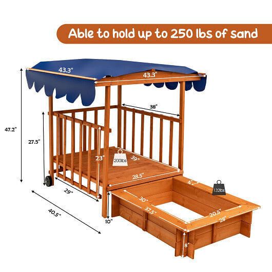 Natural Wooden Retractable Sandbox for Kids with Cover and Wheels