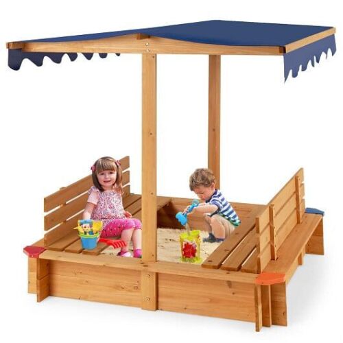 Natural Wooden Sandbox with Canopy and 2 Bench Seats for Kids