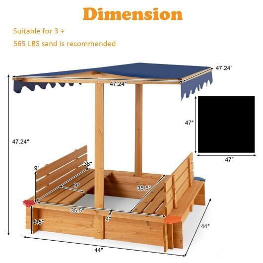 Natural Wooden Sandbox with Canopy and 2 Bench Seats for Kids