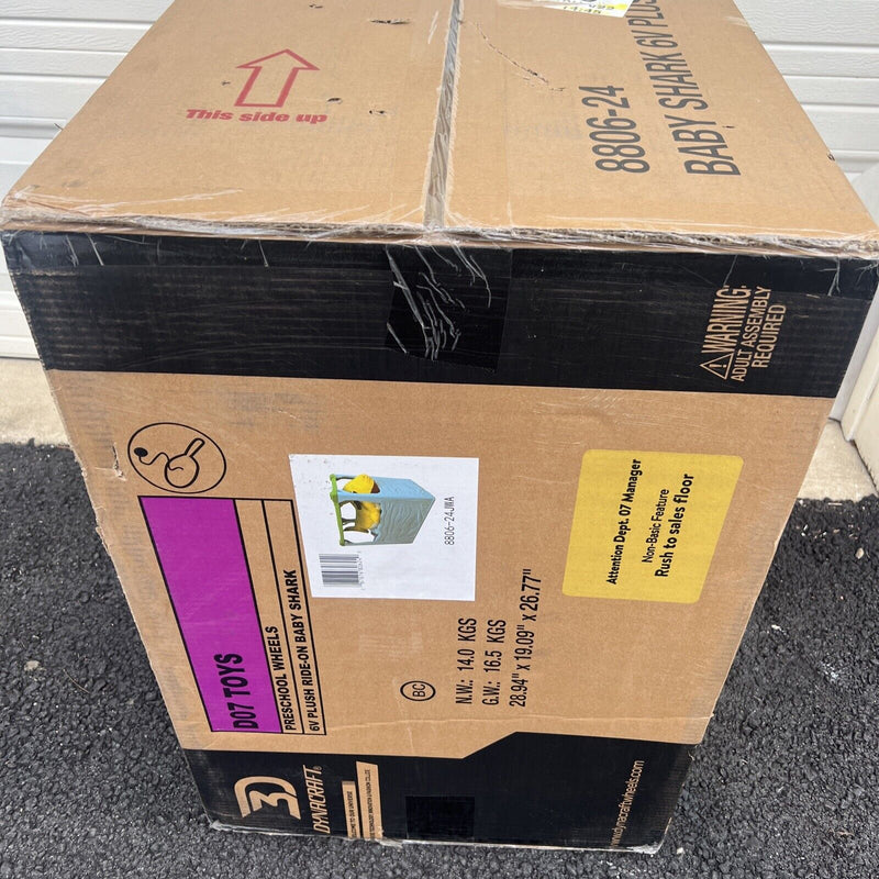 New 3D Dynacraft 6V Baby Shark Plush Ride-on for Ages 2-4 in Yellow