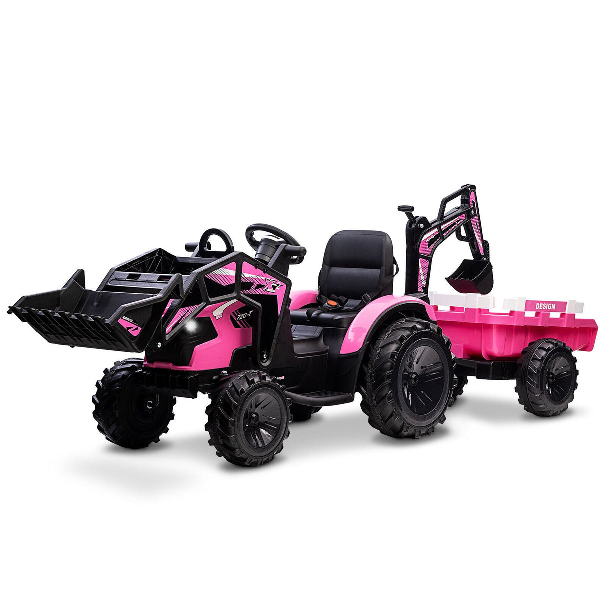 Outdoor Excavator and Bulldozer Ride-On Toy with Trailer and LED Lights for Kids