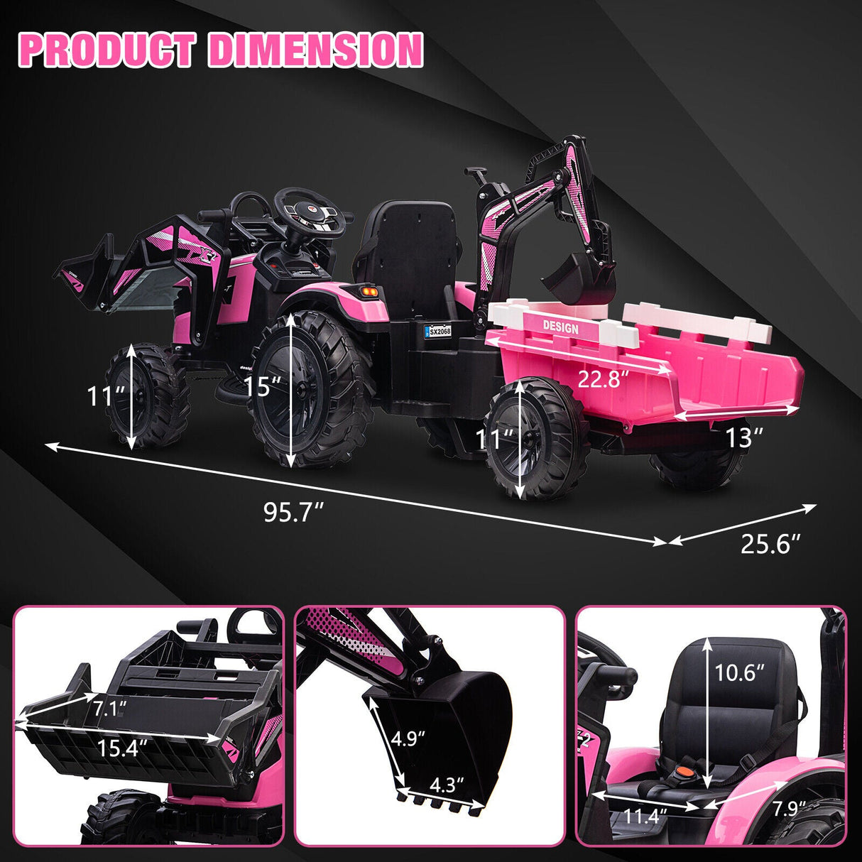 Outdoor Excavator and Bulldozer Ride-On Toy with Trailer and LED Lights for Kids