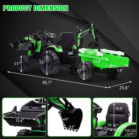 Outdoor Excavator and Bulldozer Ride-On Toy with Trailer and LED Lights for Kids