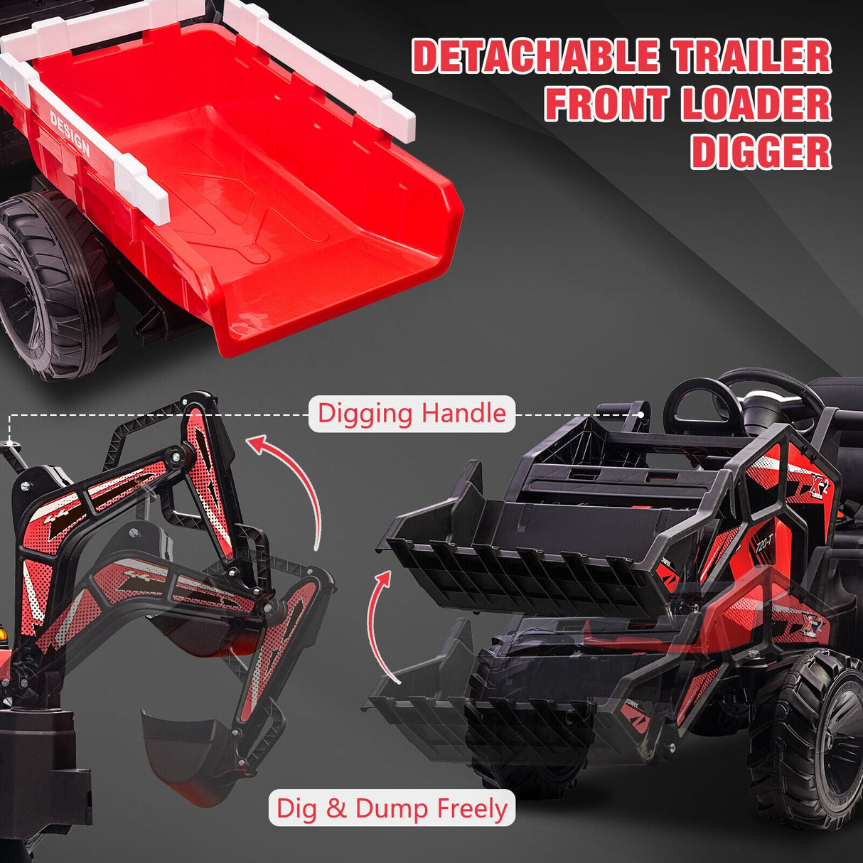 Outdoor Excavator and Bulldozer Ride-On Toy with Trailer and LED Lights for Kids