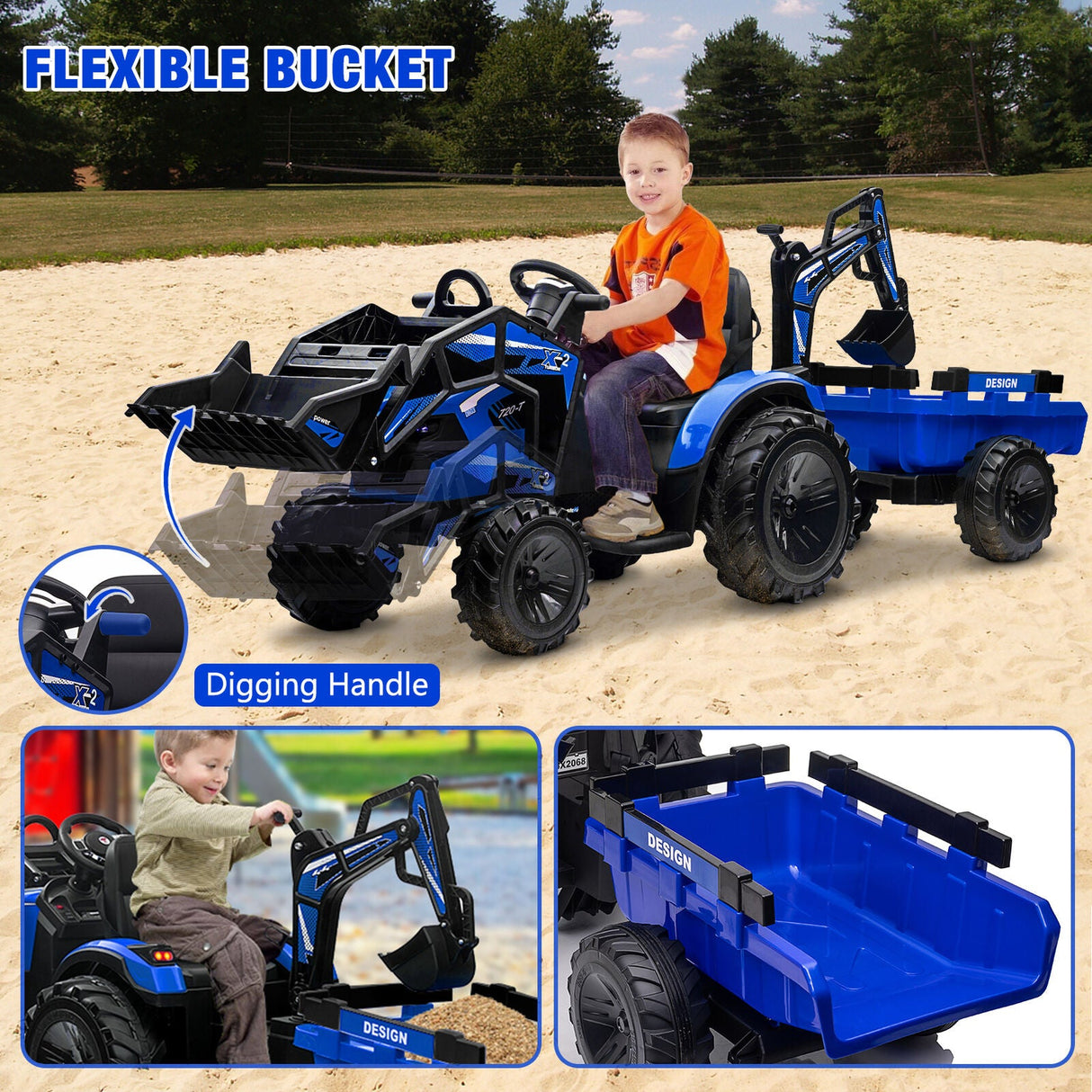 Outdoor Excavator and Bulldozer Ride-On Toy with Trailer and LED Lights for Kids