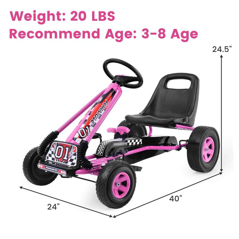Pedal-Powered Pink Go Kart for Kids with Adjustable Seat - 4 Wheels Ride-On Toy